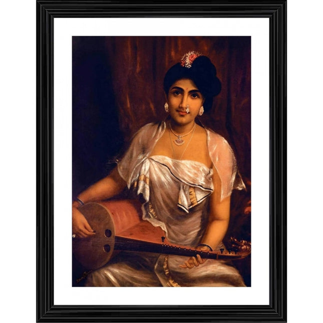 Rosolly A Lady Playing Veena 1888 Painting With Wood Photo Frame (Multicolor)