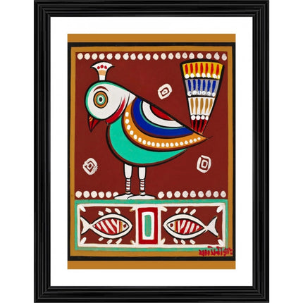 Rosolly Bird and Fishes Painting With Wood Photo Frame (Multicolor)
