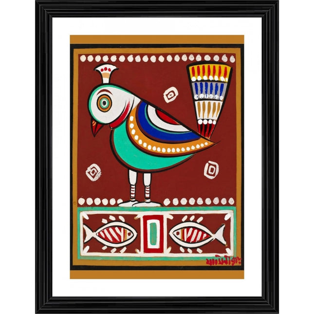 Rosolly Bird and Fishes Painting With Wood Photo Frame (Multicolor)