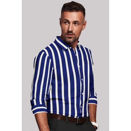 Rosolly Men's Cotton Blended Striped Full Sleeve Shirt (White-Blue)