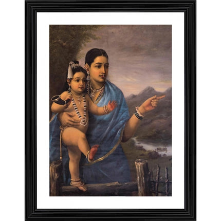 Rosolly Yashoda Pointing out to Balakrishna Cows 1870 Painting With Wood Photo Frame (Multicolor)