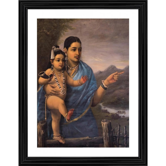 Rosolly Yashoda Pointing out to Balakrishna Cows 1870 Painting With Wood Photo Frame (Multicolor)