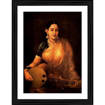 Rosolly A Lady Playing Swarbat 1874 Painting With Wood Photo Frame (Multicolor)
