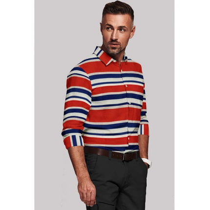 Rosolly Men's Cotton Blended Striped Full Sleeve Shirt (Red-Blue)