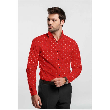 Rosolly Men's Cotton Blended Printed Full Sleeve Shirt (Red)