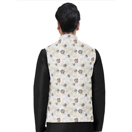 Rosolly Men's Jacquard Printed Full Sleeve Waistcoat (Beige)