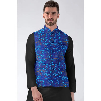 Rosolly Men's Jacquard Printed Full Sleeve Waistcoat (Blue)