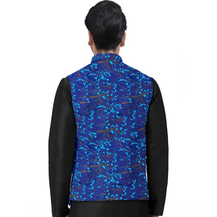Rosolly Men's Jacquard Printed Full Sleeve Waistcoat (Blue)