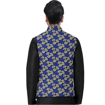 Rosolly Men's Jacquard Printed Full Sleeve Waistcoat (Blue)