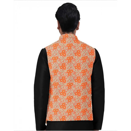 Rosolly Men's Jacquard Printed Full Sleeve Waistcoat (Orange)
