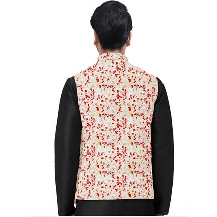 Rosolly Men's Jacquard Printed Full Sleeve Waistcoat (Red-Beige)