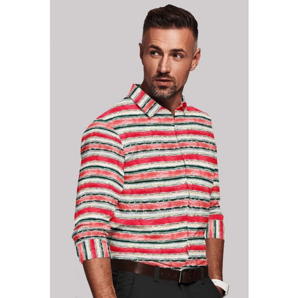 Rosolly Men's Cotton Blended Striped Full Sleeve Shirt (Red-White)