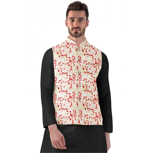 Rosolly Men's Jacquard Printed Full Sleeve Waistcoat (Red-Beige)