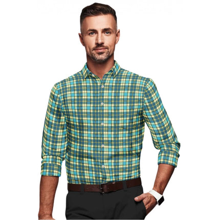 Rosolly Men's Cotton Blended Checked Full Sleeve Shirt (Green-Yellow)