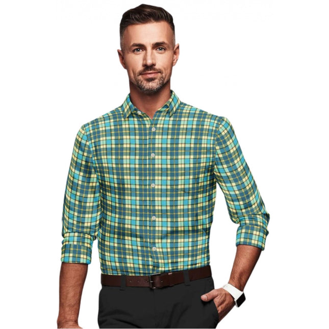 Rosolly Men's Cotton Blended Checked Full Sleeve Shirt (Green-Yellow)