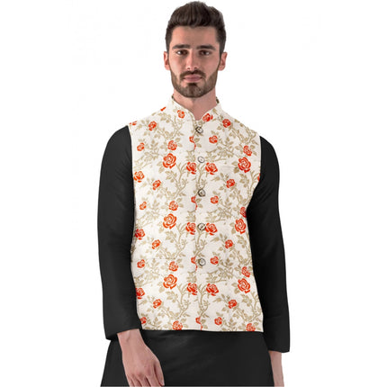 Rosolly Men's Jacquard Printed Full Sleeve Waistcoat (Orange-Beige)