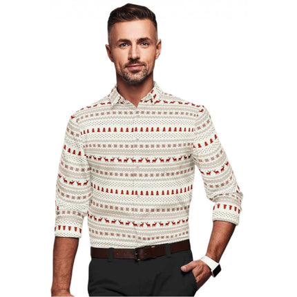 Rosolly Men's Cotton Blended Printed Full Sleeve Shirt (White-Red)