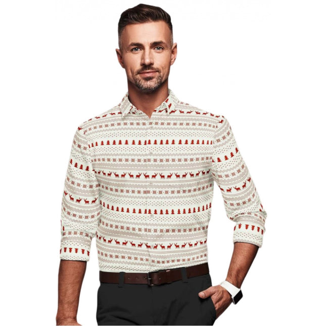 Rosolly Men's Cotton Blended Printed Full Sleeve Shirt (White-Red)
