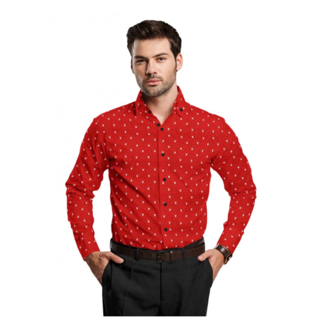 Rosolly Men's Cotton Blended Printed Full Sleeve Shirt (Red)