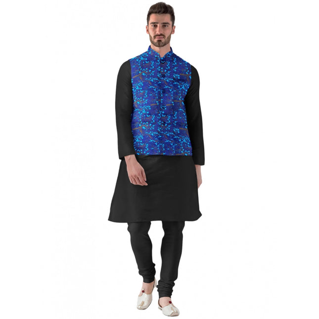 Rosolly Men's Jacquard Printed Full Sleeve Waistcoat (Blue)