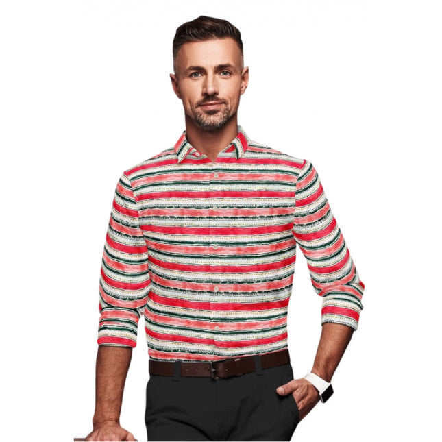 Rosolly Men's Cotton Blended Striped Full Sleeve Shirt (Red-White)