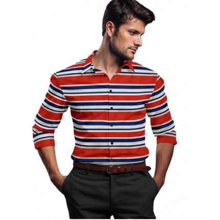Rosolly Men's Cotton Blended Striped Full Sleeve Shirt (Red-Blue)