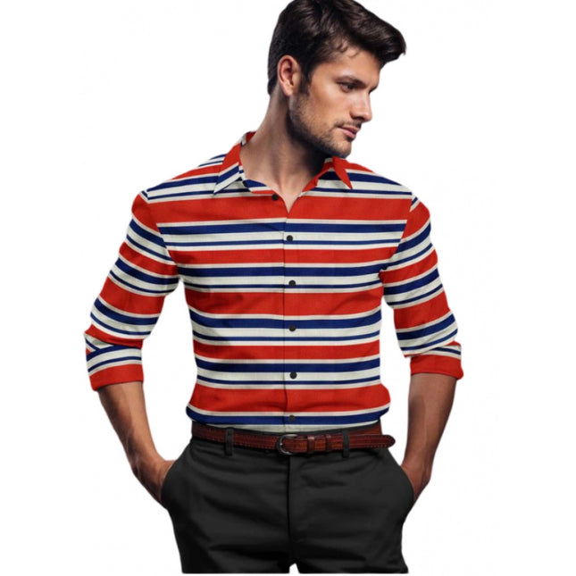 Rosolly Men's Cotton Blended Striped Full Sleeve Shirt (Red-Blue)