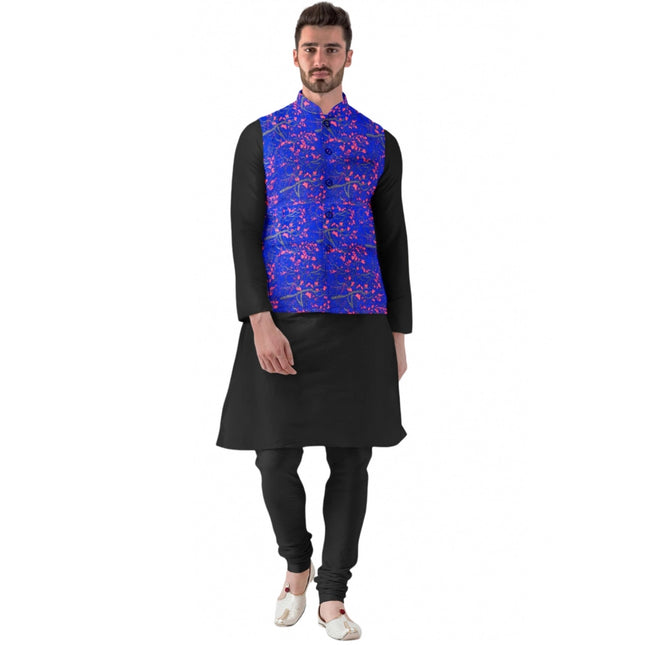 Rosolly Men's Jacquard Printed Full Sleeve Waistcoat (Blue)