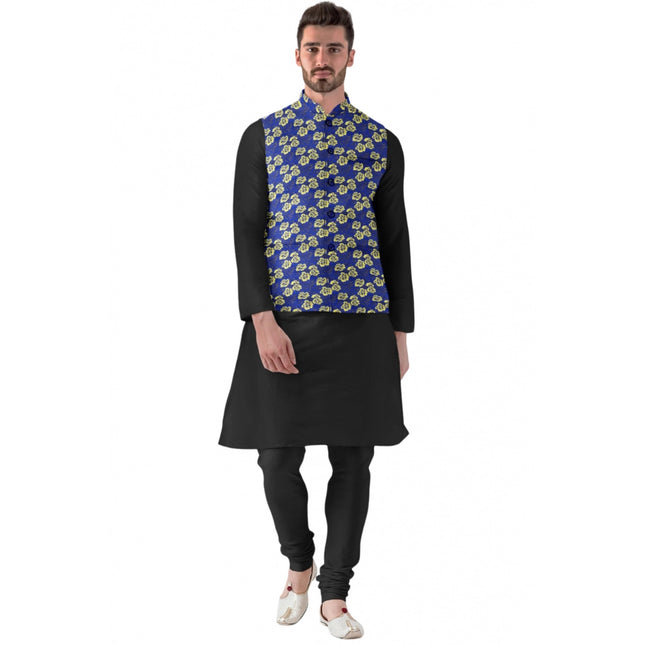 Rosolly Men's Jacquard Printed Full Sleeve Waistcoat (Blue)