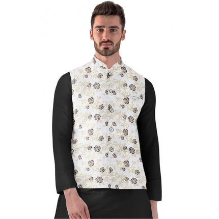 Rosolly Men's Jacquard Printed Full Sleeve Waistcoat (Beige)