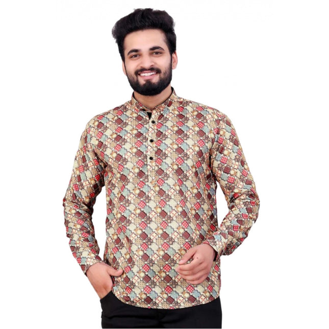 Rosolly Men's Cotton Blended Printed Full Sleeve Shortkurta (Multicolor)