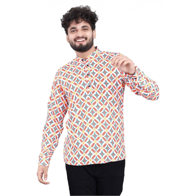 Rosolly Men's Cotton Blended Printed Full Sleeve Shortkurta (Multicolor)