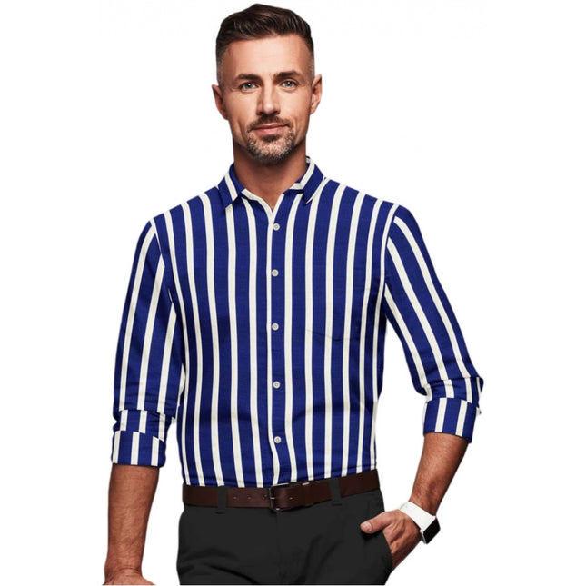 Rosolly Men's Cotton Blended Striped Full Sleeve Shirt (White-Blue)