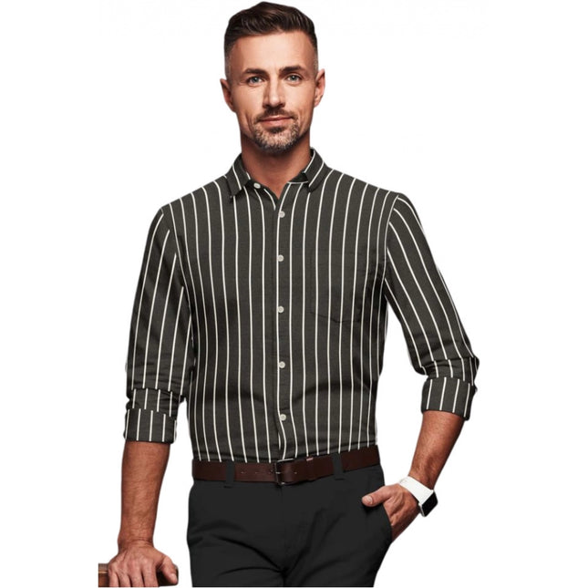 Rosolly Men's Cotton Blended Striped Full Sleeve Shirt (Black-White)