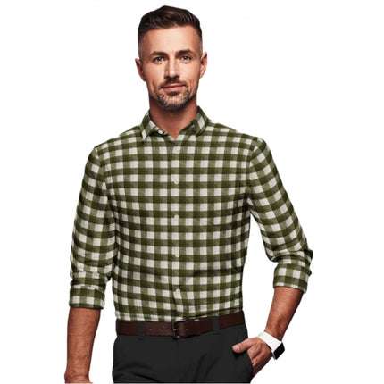 Rosolly Men's Cotton Blended Checked Full Sleeve Shirt (White-Green)