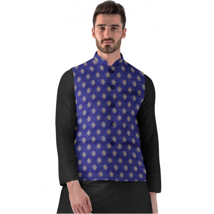 Rosolly Men's Jacquard Printed Full Sleeve Waistcoat (Blue)