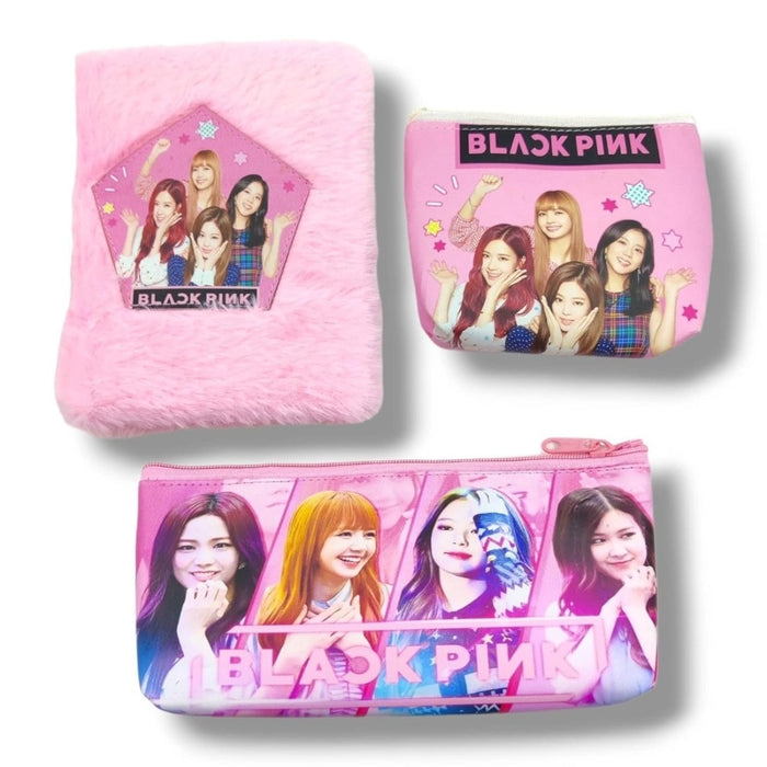 Rosolly 3 in 1 Black Pink BTS Stationery Set With 2 Pouchs And 1 Packet Dairy | Soft Furr | Stationery | 5+ Years