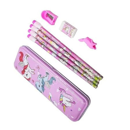 Rosolly 8_Pcs Set Unicorn Metal Pencil Box With 4 Pencils, 1 Sharpner, 1 Eracer And 1 Pencil Cap| Metal Box| Stationery | 3+ Years
