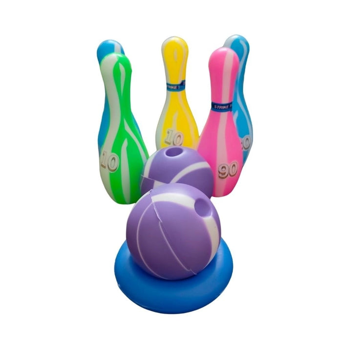 Rosolly Junior Bowling Set With 5 Bottles 2 Balls And 1 Ball Stand Ring | Plastic | Toys| 1+ Years