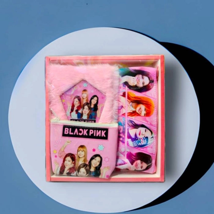 Rosolly 3 in 1 Black Pink BTS Stationery Set With 2 Pouchs And 1 Packet Dairy | Soft Furr | Stationery | 5+ Years