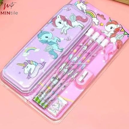 Rosolly 8_Pcs Set Unicorn Metal Pencil Box With 4 Pencils, 1 Sharpner, 1 Eracer And 1 Pencil Cap| Metal Box| Stationery | 3+ Years