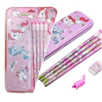 Rosolly 8_Pcs Set Unicorn Metal Pencil Box With 4 Pencils, 1 Sharpner, 1 Eracer And 1 Pencil Cap| Metal Box| Stationery | 3+ Years