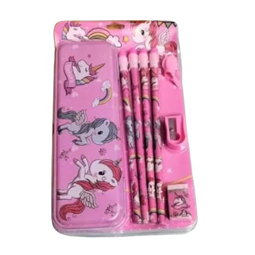 Rosolly 8_Pcs Set Unicorn Metal Pencil Box With 4 Pencils, 1 Sharpner, 1 Eracer And 1 Pencil Cap| Metal Box| Stationery | 3+ Years