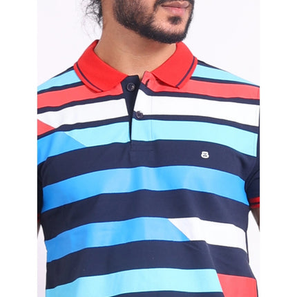 Rosolly Men's Casual Cotton Printed Polo Neck Half Sleeve T-Shirt (Navy)