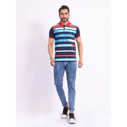 Rosolly Men's Casual Cotton Printed Polo Neck Half Sleeve T-Shirt (Navy)