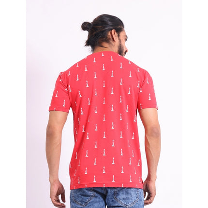 Rosolly Men's Casual Cotton Printed Round Neck Half Sleeve T-Shirt (Red)