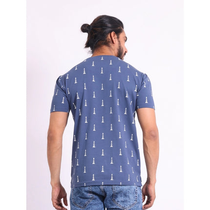 Rosolly Men's Casual Cotton Printed Round Neck Half Sleeve T-Shirt (Blue)