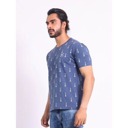 Rosolly Men's Casual Cotton Printed Round Neck Half Sleeve T-Shirt (Blue)