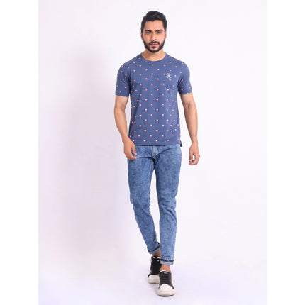 Rosolly Men's Casual Cotton Printed Round Neck Half Sleeve T-Shirt (Blue)