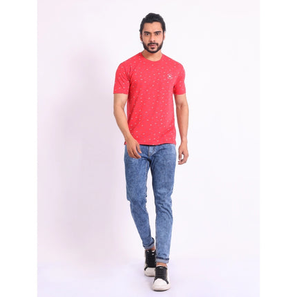 Rosolly Men's Casual Cotton Printed Round Neck Half Sleeve T-Shirt (Red)